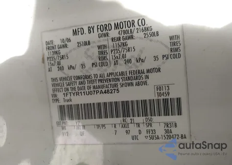 2007 Ford Ranger Sport/Xl/Xlt z USA, uszkodzony, nr VIN 1FTYR11U07PA48275